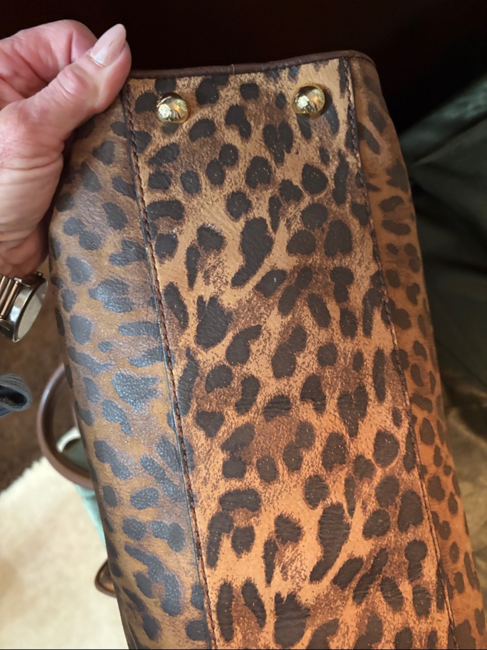 Michael Kors Large Hamilton Traveler Leopard Print Tote in Brown and Gold - Picture 9 of 13